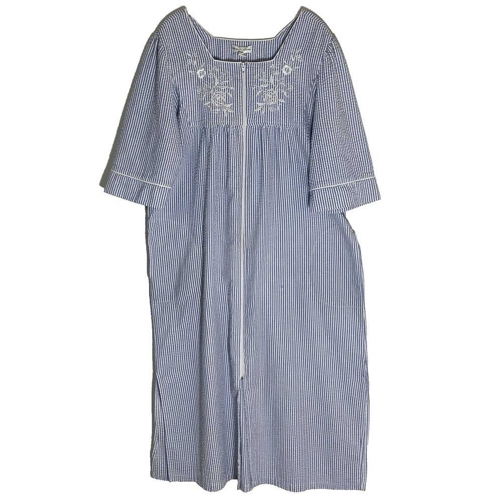Miss‎ Elaine Housecoat Womens Large Blue White Striped Embroidered Seersucker L
